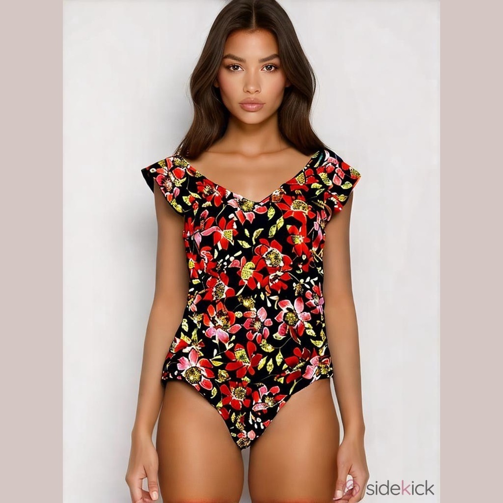 D&Co Beach Floral One-Piece Swimsuit  Size 2 Flutter Sleeve Ruched Bodice NWT